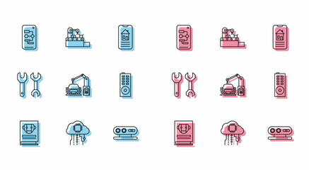 Set line User manual, Internet of things, Algorithm, 3d scanning system, Industrial machine robotic robot arm hand, Remote control, Spanner and Factory conveyor belt icon. Vector