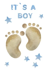Schilderijen op glas Watercolor baby boy shower set. Its a boy theme with footprints and blue stars. Its a boy illustration © Берилло Евгения