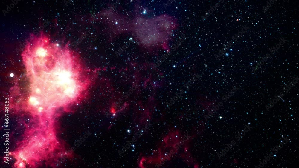 Poster abstract loop space flight fly to mysterious glow red nebula cloud in space. space exploration to gl