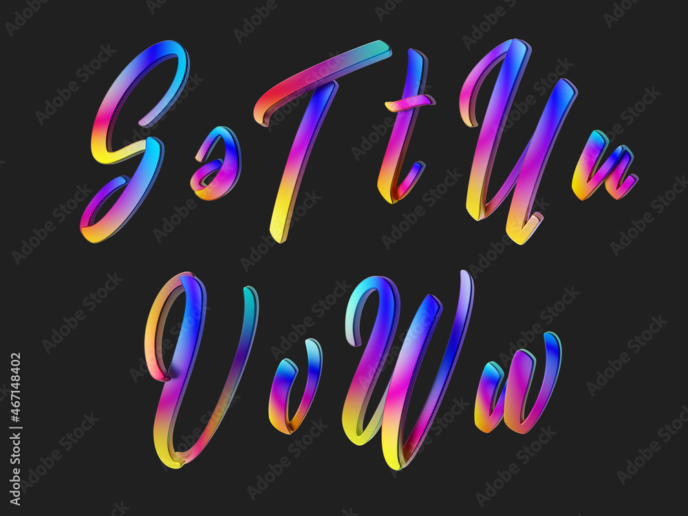 Poster 3d render of colorful calligraphic font set.