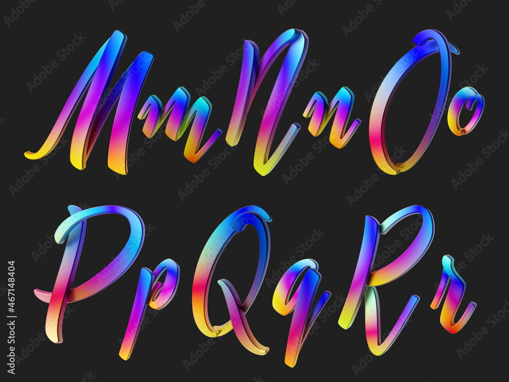 Poster 3d render of colorful calligraphic font set.