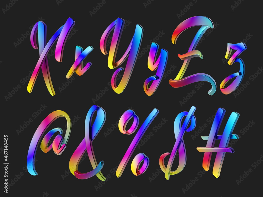 Poster 3d render of colorful calligraphic font set.
