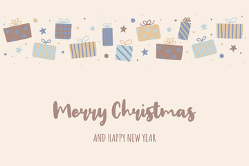 Christmas greeting card with hand drawn gift boxes. Vector