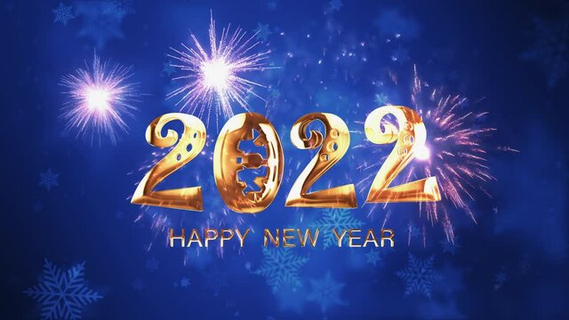 Happy New Year year 2022 greeting text celebration with reflection. Abstract holiday vintage colorful Firework and snowflakes swirl  on blue background Beautiful typography magic design with golden gl