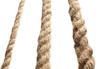 Set of hemp ropes on white background, closeup