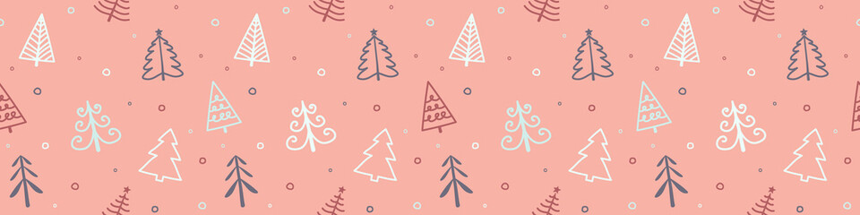 Christmas pattern with hand drawn trees. Xmas wrapping paper concept. Banner. Vector