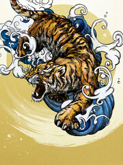 Oriental golden background using tiger and handwriting
