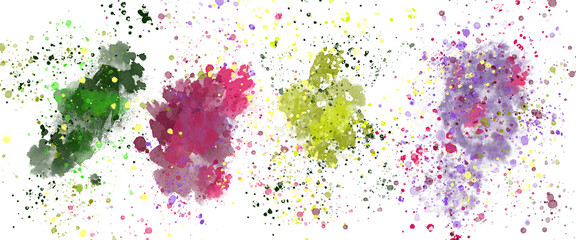 Colorful watercolor stains are decorated with multicolored splashes. Imitation of a drawing in watercolor. Bright festive abstract watercolor background.