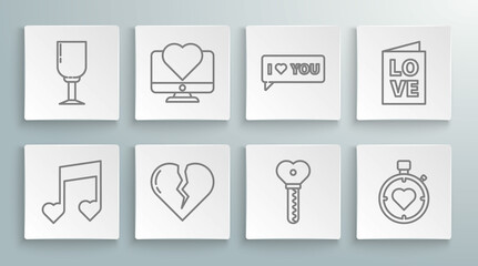 Set line Music note, tone with hearts, Computer monitor, Broken divorce, Key in shape, Heart the center stopwatch, Speech bubble I love you, Valentines day party flyer and Wine glass icon. Vector