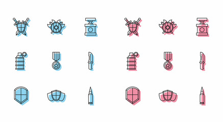 Set line Shield, Medieval shield with crossed swords, Bullet, Military reward medal, knife, Hand grenade and axes icon. Vector