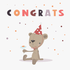 Baby print with bear and congrats letter. Hand drawn graphic for typography. Vector illustration.