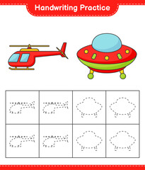 Handwriting practice. Tracing lines of Helicopter and Ufo. Educational children game, printable worksheet, vector illustration