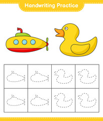 Handwriting practice. Tracing lines of Submarine and Rubber Duck. Educational children game, printable worksheet, vector illustration