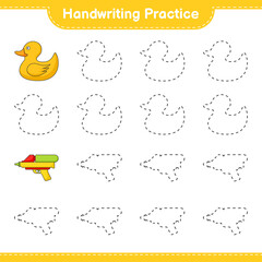 Handwriting practice. Tracing lines of Baby Rubber Duck and Water Gun. Educational children game, printable worksheet, vector illustration