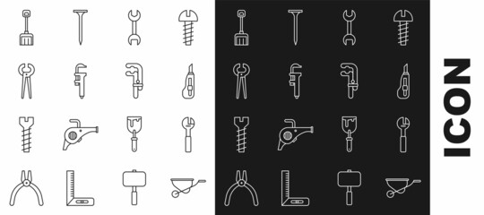 Set line Wheelbarrow, Adjustable wrench, Stationery knife, Wrench spanner, Calliper or caliper and scale, Pincers pliers, Snow shovel and Clamp tool icon. Vector