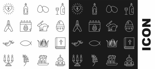 Set line Easter cake and eggs, Holy bible book, Cracked, Calendar with, Hands in praying position, Christian cross heart and rabbit icon. Vector