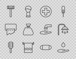 Set line Hairbrush, Washing hands with soap, Cross hospital medical, Towel on hanger, Shaving razor, Garbage bag, Medical protective mask and Shower head icon. Vector