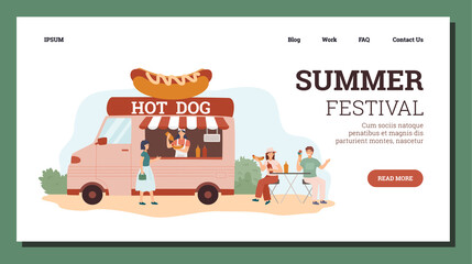 Fototapeta na wymiar Hot dog food truck at the Summer Festival event horizontal banner. Female cook sell hot sausages van to young hipsters.