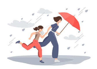 Mom and daughter are running fast under an umbrella against the backdrop of heavy rain and wind. Weather forecast, elements, natural phenomena, autumn, storm, hurricane, floods, evacuation. Vector.