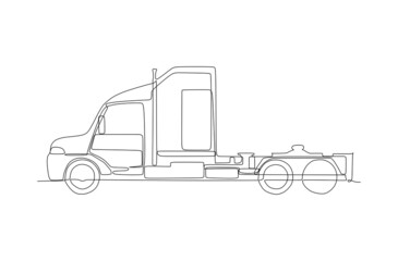 Hooded container truck head simple illustration, side view. Continuous one line drawing