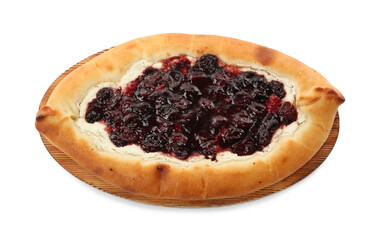 Delicious sweet cottage cheese pastry with cherry jam isolated on white, top view