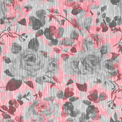 Watercolor stylized floral seamless pattern. black and white realistic silhouettes of garden roses and branches with floral pink silhouettes. Summer spring layered botanical ornament for apparel