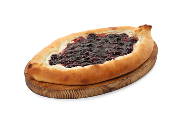 Delicious sweet cottage cheese pastry with cherry jam isolated on white