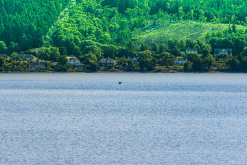 View over a lake in Scotland. Loch Ness by day by boat. Houses on the shore with forest and mountains in the background in summer. Green trees on the mountain slopes