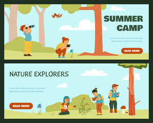 Kids watching birds with binocular and explore nature. Children hiking, taking notes outside cartoon vector banner