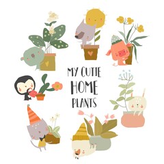 Cute Cartoon Animals with Houseplants on White Background