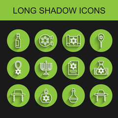 Set line Orthodox jewish hat, Burning candle, Jewish wine bottle, Hanukkah menorah, money bag and Torah scroll icon. Vector