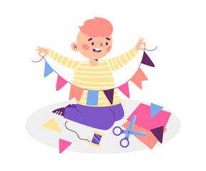 Child boy cutting garland of paper, flat vector illustration isolated.