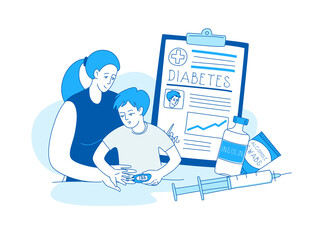 Obraz premium Mother help sugar test diabetes boy, insulin kit pen, blood sugar meter doodle style drawing.
