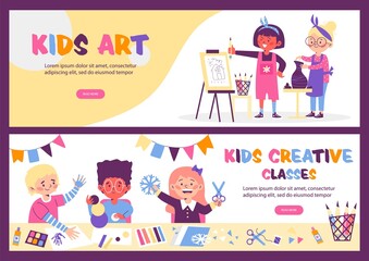 Kids art lessons and creative class banners set, flat vector illustration.