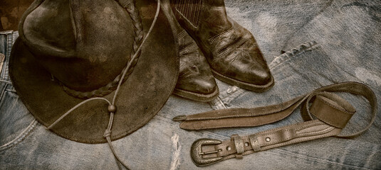 photo vintage, jean, chapeau, bottines et ceinture de cuir - obrazy, fototapety, plakaty