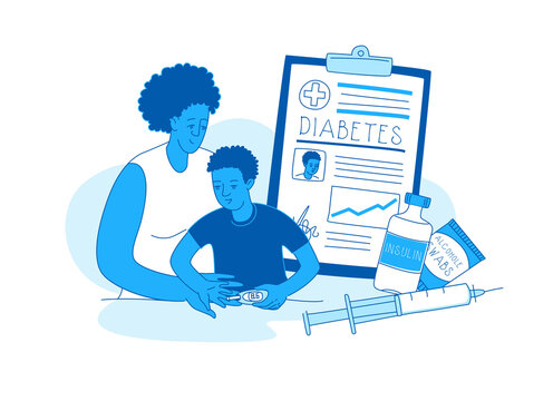 Mother help sugar test diabetes boy, insulin kit pen, blood sugar meter doodle style drawing.