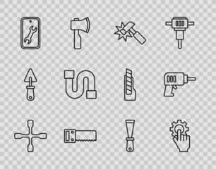 Set line Wheel wrench, Settings in the hand, Hammer, Hand saw, Mobile service, Industry pipe, Putty knife and Electric drill machine icon. Vector
