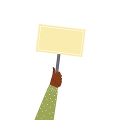 Hand of african american person holding banner flat vector illustration isolated.
