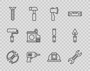 Set line Wrench and arrows as workflow, spanner, Wooden axe, Electric drill machine, Metallic screw, Paint bucket brush, Worker safety helmet and Trowel icon. Vector