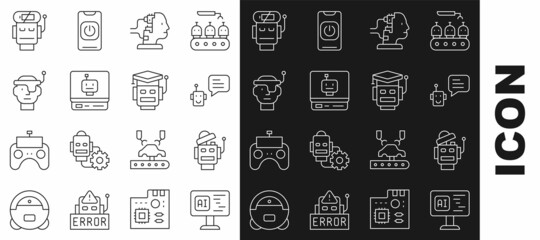 Set line Software, Robot, Bot, for maintenance, Smart glasses, low battery charge and icon. Vector