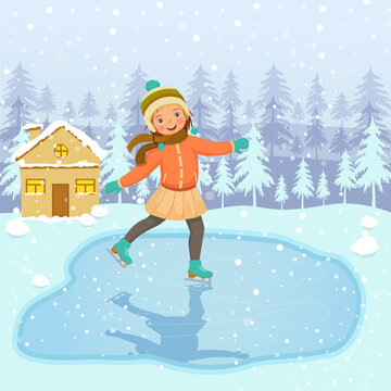 Cute little girl wearing warm winter clothes ice skating outdoor on frozen pool in the snowy landscape background.