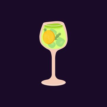 Alcohol drink in cocktail glass. Cold green beverage with rosemary, tropical lemon fruit segment, ice cubes and gin. Summer party refreshment. Isolated colored flat vector illustration