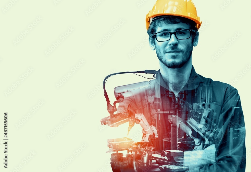 Poster mechanized industry robot arm and factory worker double exposure . concept of robotics technology fo