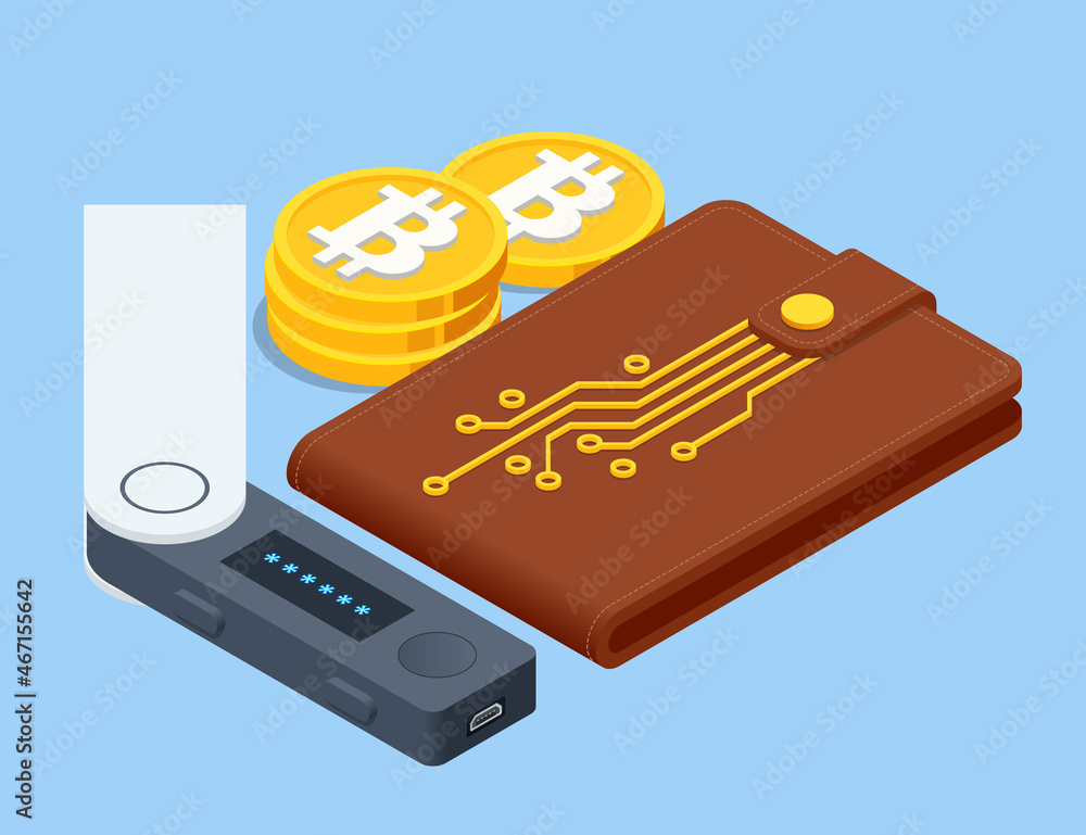 Poster isometric digital wallet technology for cryptocurrency bitcoin. digital wallet application on mobile