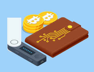 Isometric Digital Wallet technology for cryptocurrency bitcoin. Digital wallet application on mobile