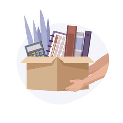 Concept of moving to new office. Cardboard brown box with office supplies - 467156045