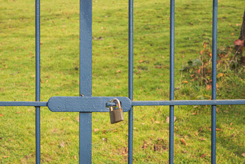 Fragment of a closed metal gate with a padlock. The fly sits on the surface