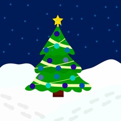 Decorated Christmas tree outdoors falling snow background and footprints.