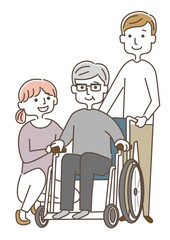 車椅子のおじいさんと家族