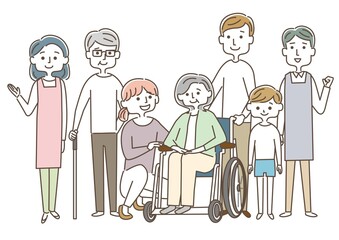 車椅子のおばあさんと家族と介護士
